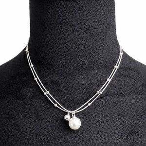 Silver Double Strand Beaded Necklace With Pearl Charm Pendant